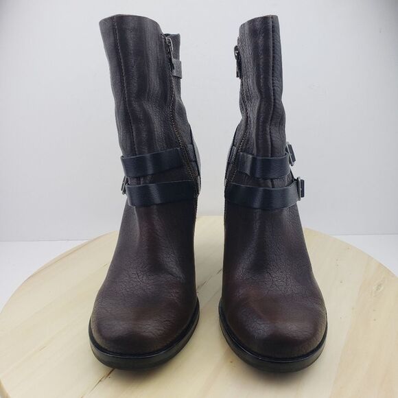 KORK EASE Boots Sz 8M Mid Calf Brown Leather Strappy Buckle Heeled Moto Western - Picture 3 of 12